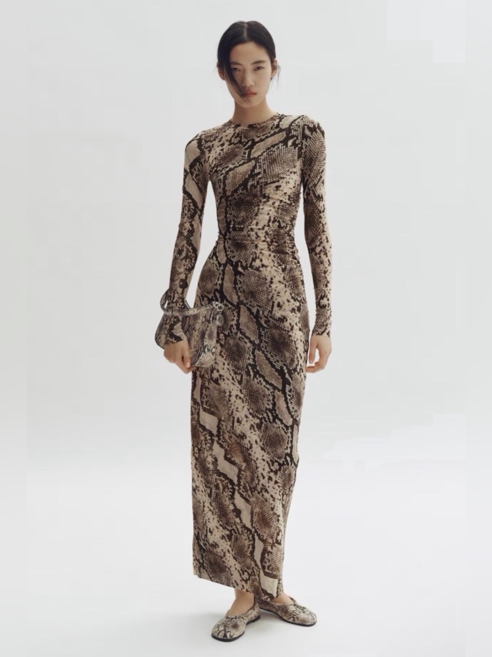Stella McCartney Snake-Print Long-Sleeve Maxi Dress in Neutral Brown